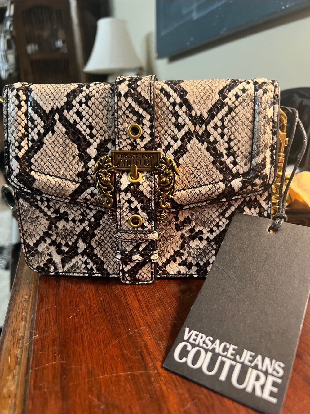 Versace Jeans Couture Snake-Print Crossbody Bag in Beige Black with Gold Chain